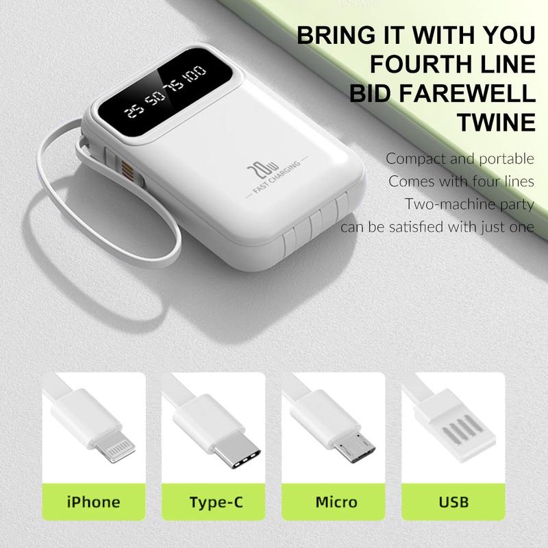 Portable  with Built-in Cable, 10000mAh USB C Battery Pack, Built in Type-C and iOS Output Cables Equipped with LED Display for iPhone Series and Android Phones and Most Electronic Devices bank charger