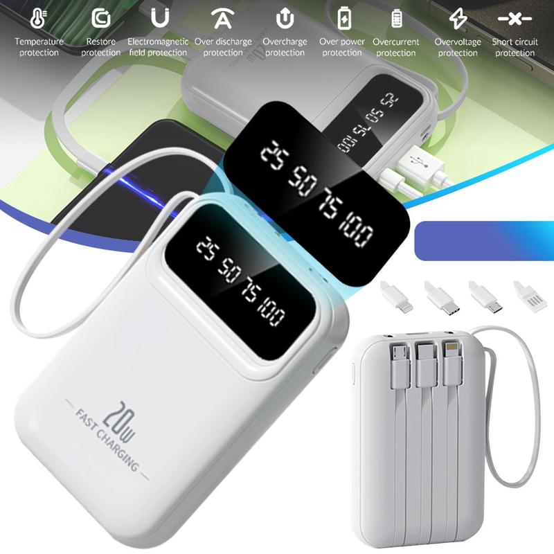 Portable  with Built-in Cable, 10000mAh USB C Battery Pack, Built in Type-C and iOS Output Cables Equipped with LED Display for iPhone Series and Android Phones and Most Electronic Devices bank charger