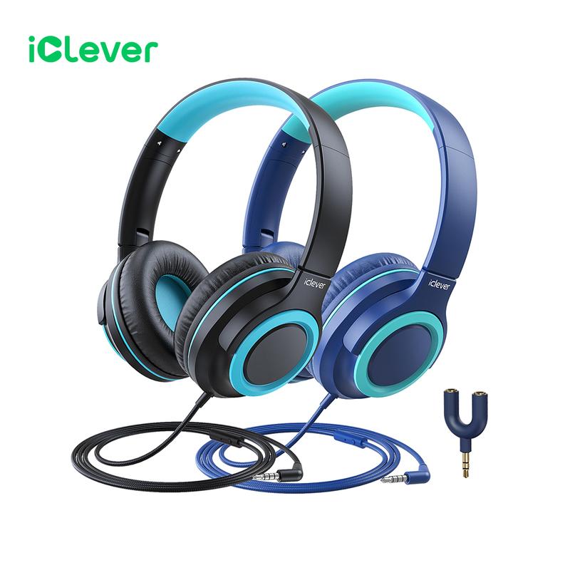 iClever 2-Pack Kids Headphones with Sharing Splitter-HS22 Wired Headphones-Tangle-Free 3.5mm Jack Foldable Stereo Headphones for School Tablet Travel