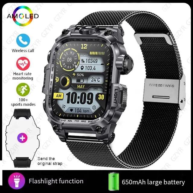 Rugged Military smart watch men 2.01 inch 650 mAh large battery 100 + sports fitness watches with LED flashlight smartwatch 2024