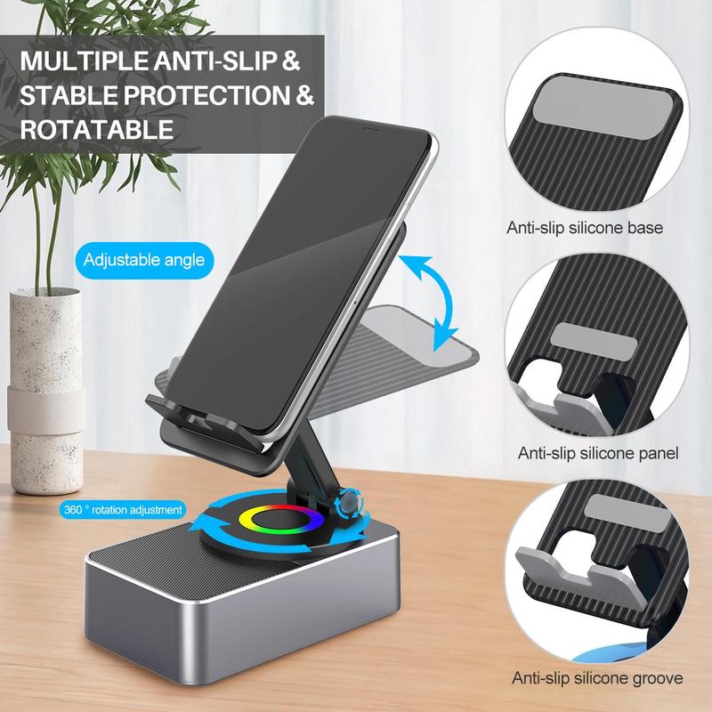 Cell Phone Stand with Wireless Bluetooth Speaker HD Surround Sound, 360 Rotable Angel Adjustable Anti-Slip Base, Perfect for Home Outdoor, Compatible with iPhone iPad Android