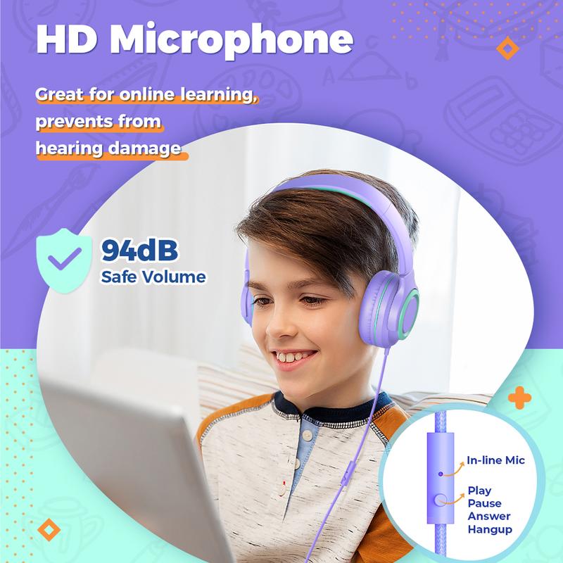 iClever 2-Pack Kids Headphones with Sharing Splitter-HS22 Wired Headphones-Tangle-Free 3.5mm Jack Foldable Stereo Headphones for School Tablet Travel