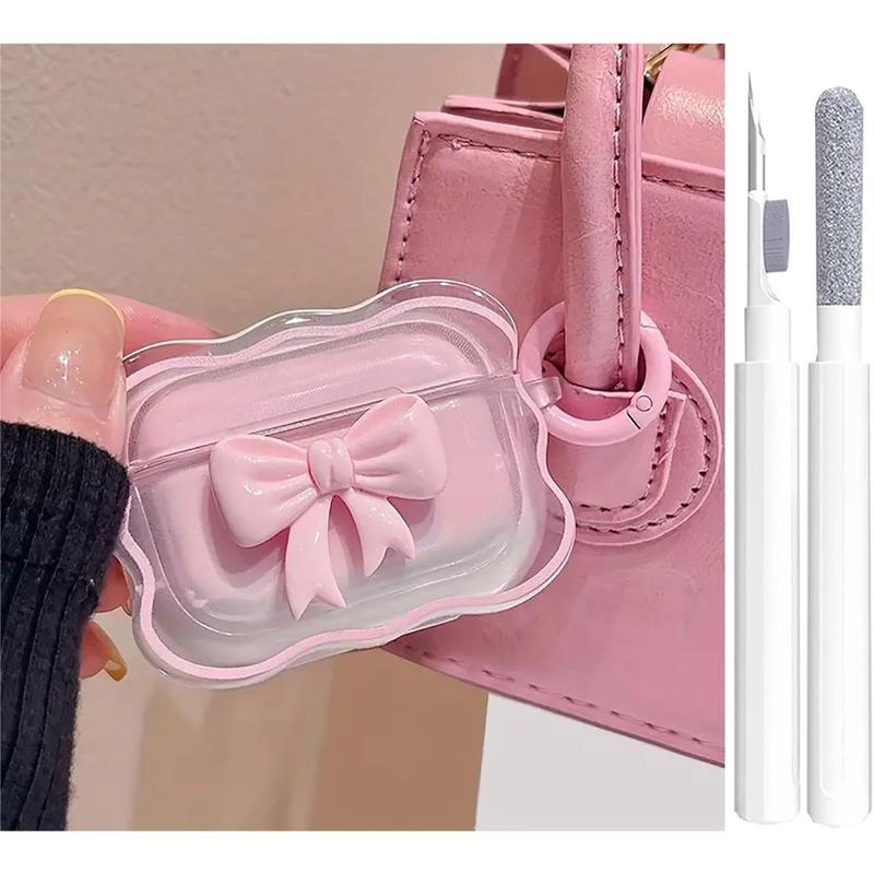 Cute  Clear Case for AirPods Pro 2 1 Gen, Girly 3D Bow Design Soft TPU Protective Shockproof Kawaii Apple iPod Pro 2nd 1st Generation Cover with Cleaner Pen & Keychain Girls Women 2023 2022 2019 - Pink