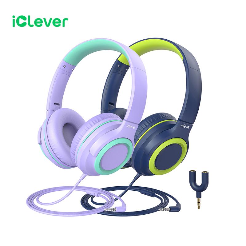 iClever 2-Pack Kids Headphones with Sharing Splitter-HS22 Wired Headphones-Tangle-Free 3.5mm Jack Foldable Stereo Headphones for School Tablet Travel