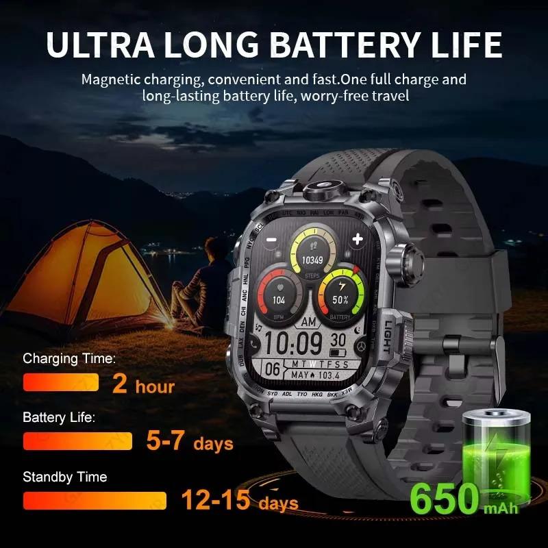 Rugged Military smart watch men 2.01 inch 650 mAh large battery 100 + sports fitness watches with LED flashlight smartwatch 2024