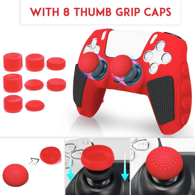 Game Controller Non-slip Protective Case with 8 Thumb Grip Cap, Silicone Soft Shell Game Controller Protective Cover, Console Accessories for PS5