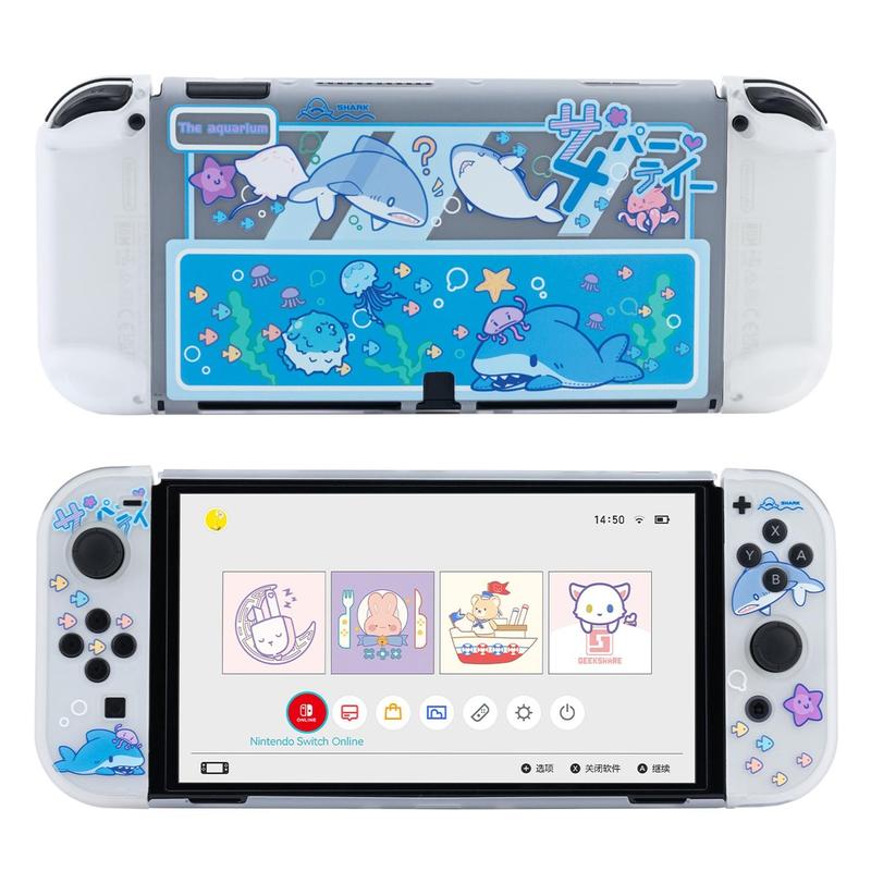 GeekShare Protective Case Slim Cover Case Compatible with Nintendo Switch OLED Switch Lite Console and Joy-Con, Shock-Absorption and Anti-Scratch Skin PC material Console Accessories Blue- Shark Party (Clear)