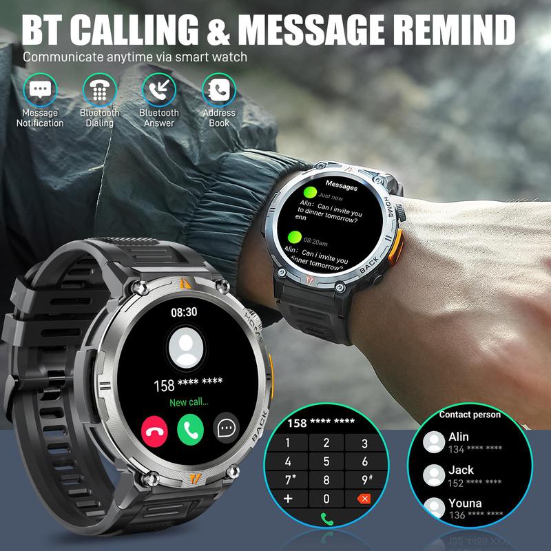 EIGIIS KE3 Smart Watch for Men with LED Flashlight(Answer Make Call) 3ATM Waterproof Rugged Smartwatch with 110+ Sports Mods 1.45’’ HD Digital Watch for Android Phones