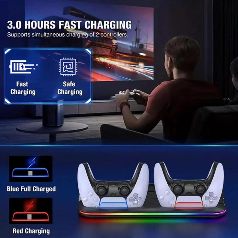 Cooling Station with RGB Light for PS5 Controller, Dual Controller Charging Stand with Headphone Holder & 6 Game Slot, Controller Charger Station, Gaming Console Accessories for PS5 Controller, Controller Grips, Gaming Room Supplies, Stocking Fillers Gift