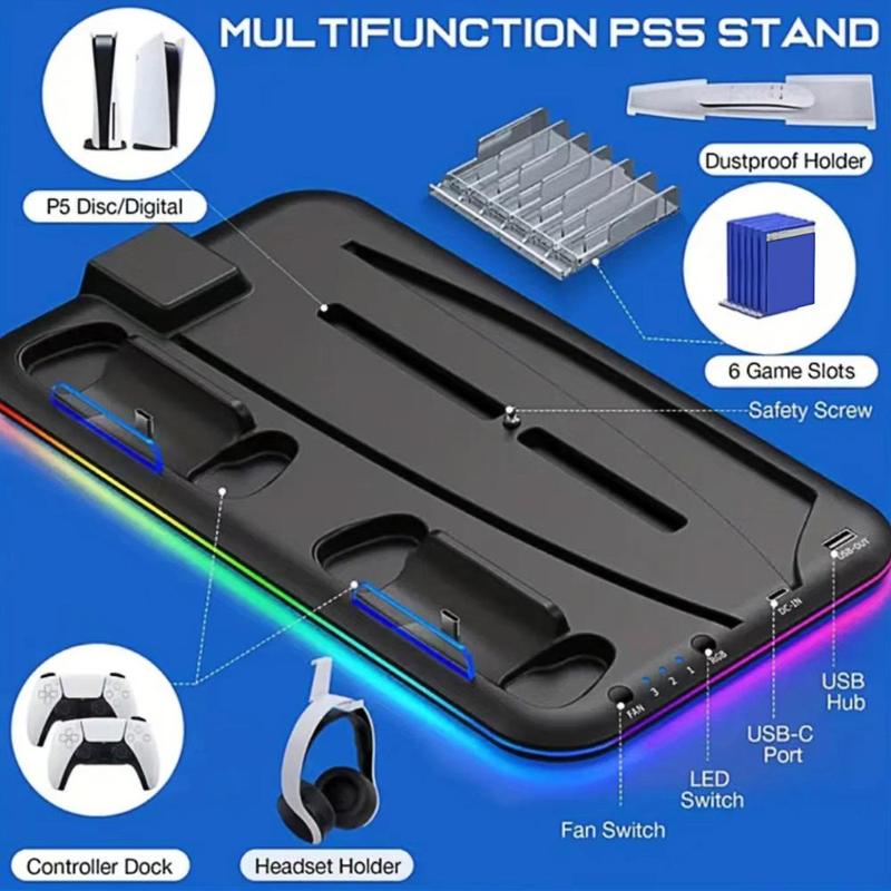 Cooling Station with RGB Light for PS5 Controller, Dual Controller Charging Stand with Headphone Holder & 6 Game Slot, Controller Charger Station, Gaming Console Accessories for PS5 Controller, Controller Grips, Gaming Room Supplies, Stocking Fillers Gift