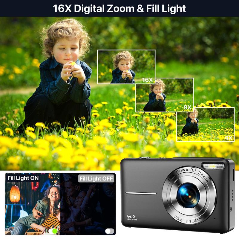 44MP 16X Digital Zoom Camera, 2.4 Inch IPS Screen Camera with 700mAh Battery & 32G SD Card, Video Recording Camera for Home & Outdoor