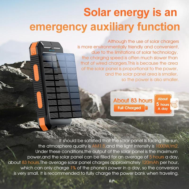 10000mAh Solar Power Bank for Summer Fall Gift, Dual USB Output Port Power Bank with Flashlight, Portable Wireless Car Charger, Solar Power Bank Charger for iPhone, Smartphone Charging Accessories