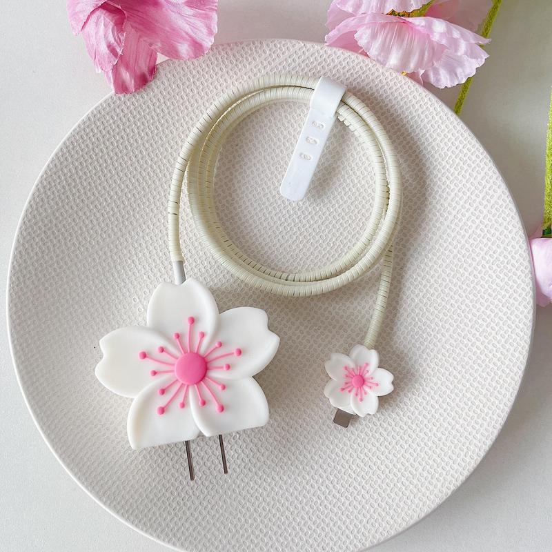 Cute Begonia Flower Pattern Charger & Data Cable Protective Case, Decorative Charger & Data Cable Protector Cover, Compatible with Apple 20W Fast Charger