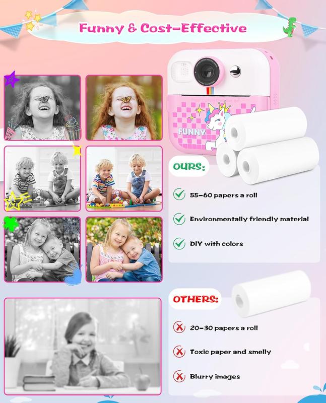 Instant Print Kids Camera, Christmas Birthday Gifts for Kids Girls Boys, 1080P HD Digital Video Kids Camera, Girls Toys Age 4 5 6 7 8 9 10 Years Old with 32GB SD Card, Pink