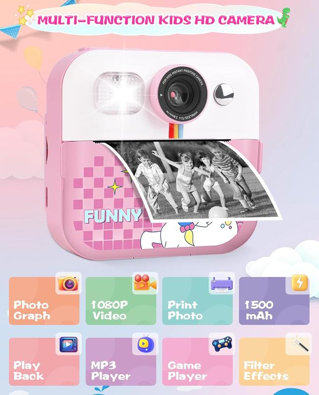 Instant Print Kids Camera, Christmas Birthday Gifts for Kids Girls Boys, 1080P HD Digital Video Kids Camera, Girls Toys Age 4 5 6 7 8 9 10 Years Old with 32GB SD Card, Pink