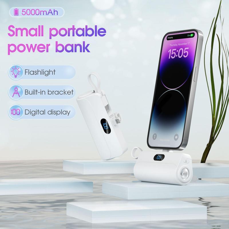 5000mAh Mini Power Bank with Built-in Cable, 1 Count Portable Power Bank with LED Digital Display & Bright Flashlight, Compatible with iPhone, Galaxy, Phone Accessories