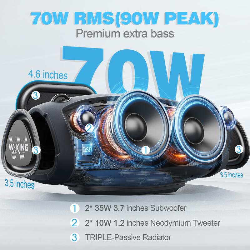 W-KING 70W (90W Peak) Portable Loud Bluetooth Speakers with Wireless Microphone, Portable Outdoor Speakers Bluetooth Wireless Waterproof, Triple Passive Radiators-Deep Bass Hi-fi DSP Power Bank TF AUX EQ Opener Audio Stereo Aluminum Card  Plastic