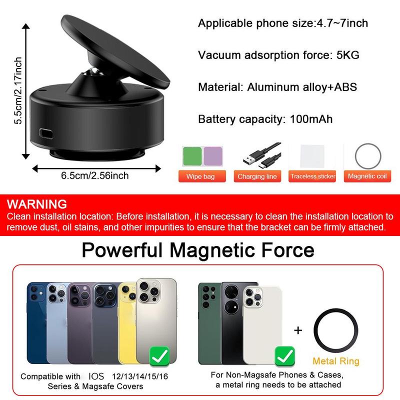 360° Rotatable Vacuum Magnetic Car Phone Holder, Magnetic Car Phone Holder, Universal Car Interior Accessories for iPhone & Android & All Smartphones