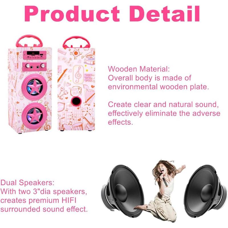 Karaoke Machine with 2 Microphones,  Remote Control Portable Karaoke Music MP3 Player Loudspeaker with Microphones for  Adults Home Party (Pink)