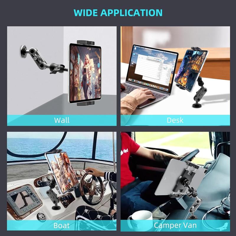 Aluminum Heavy Duty Drill Base Tablet Holder Car Mount Dashboard, 360° Adjustable 2-Stage Stand for 4.7-12.9