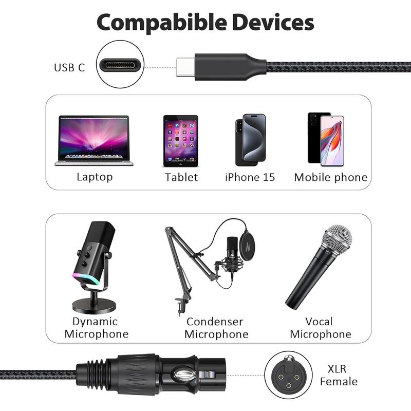 XLR to USB C  6ft, XLR to USB, USB C to XLR Female Microphone  Nylon Braided for  15, , , ,  Smartphone, Tablets, Notebooks