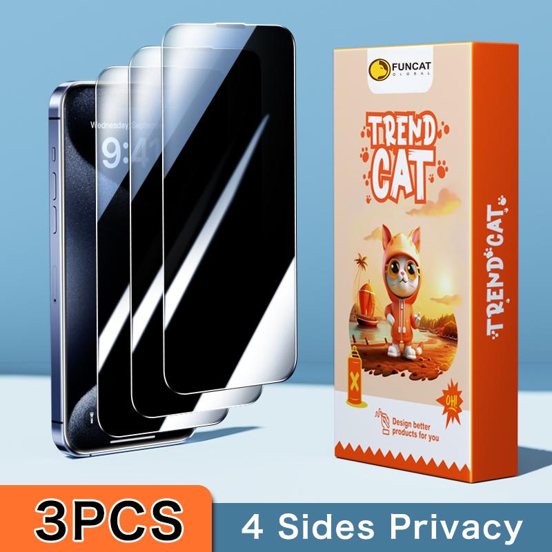 FUNCAT GLOBAL <3PCS>FULL Privacy Screen Protector [4 Sides Privacy]. Screen film for iPhone 16 15 14 13 12 [LEFT, RIGHT, UP, DOWN], Strong Protection, Anti-Spy, Electroplated Layer, Full screen covering (Headset Cover), Fingerprint-Proof.