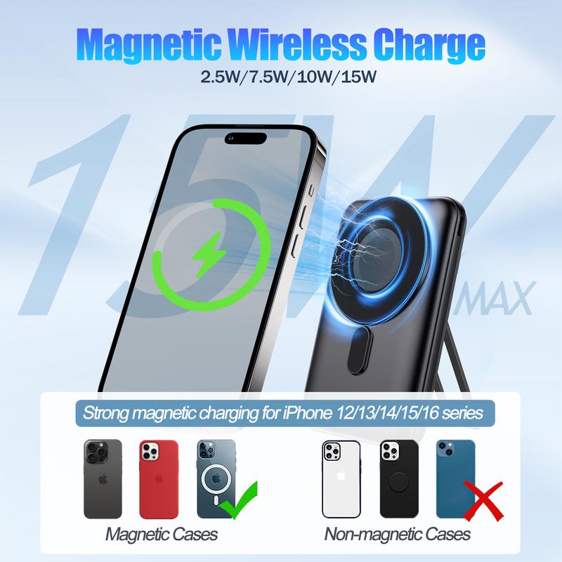 Magnetic PowerBank 10000mAh Portable Charger PD 20W Fast Charging, with USB C Lightning cable and stand Compatible with MagSafe iPhone series AppleWatch AirPods and Samsung Pixel Android Smartphone travel