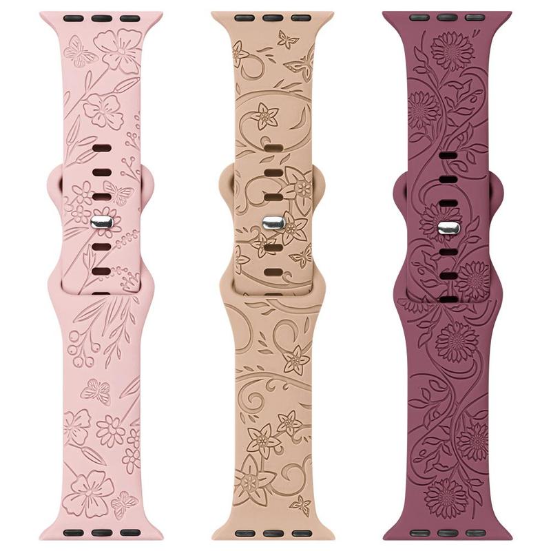 Flower Pattern Silicone Watch Band (Band Only), 3 Counts Breathable Silicone Wristband, Solid Color Replacement Sports Watch Band for iWatch, Fashion Wearable Accessories for Women, Fun Summer Gift, Smartwatch, Wearable Devices