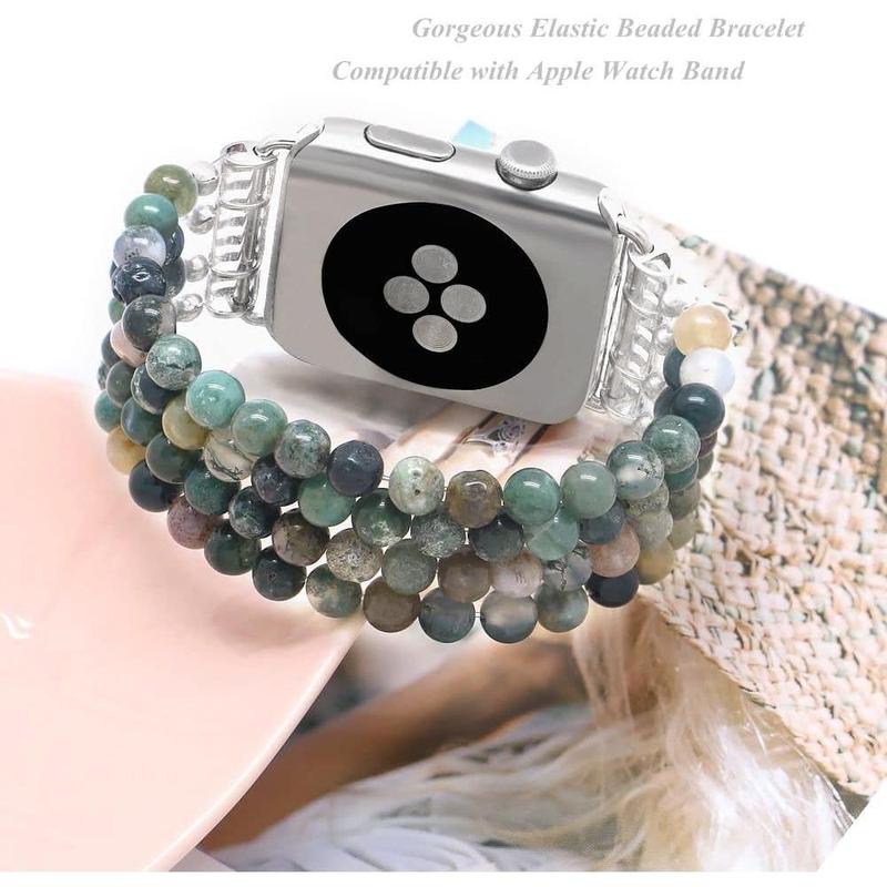 Beaded Bracelet Compatible with Apple Watch Band 38mm 40mm 41mm 42mm 44mm 45mm 49mm, Fashion Natural Stone Beaded Elastic Replacement Stretchy Band for iWatch Ultra SE Series 9 8 7 6 5 4 3 2 1