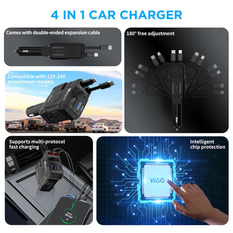 Retractable 4 in 1 Car Charger, Fast Charging Car Charger Max 100W, Cool and Light, Retractable Cable and 2 USB Ports Compatible with iPhone 15 14 13 12 Pro Max, Galaxy S23