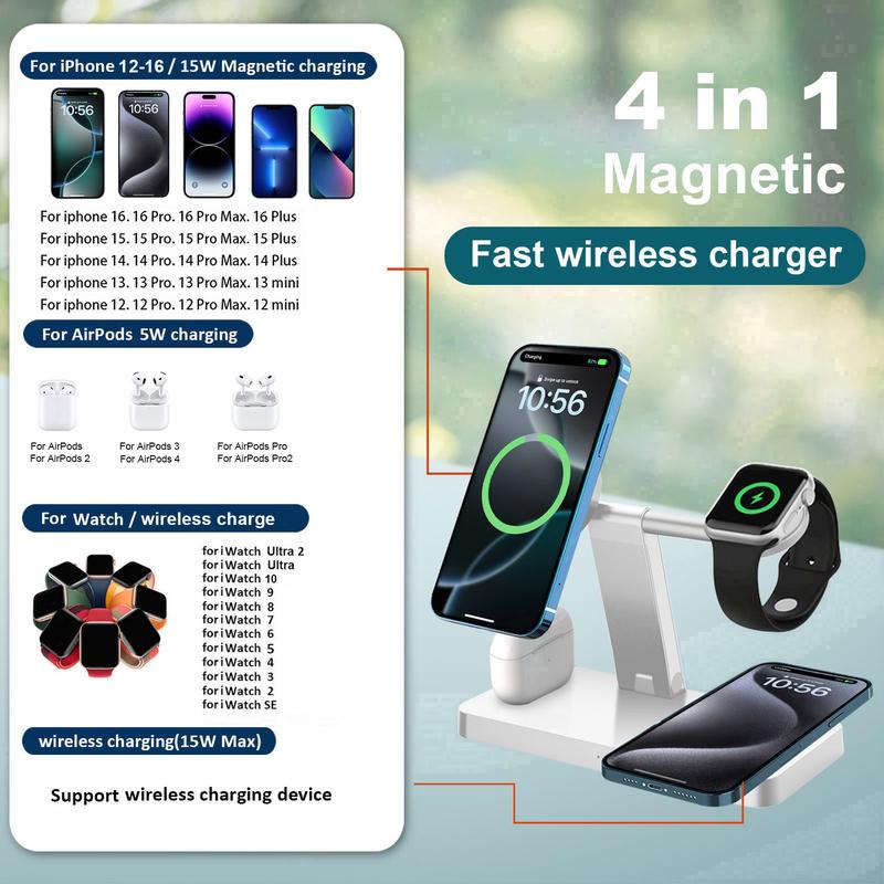 4-in-1 Wireless Charger Station, Foldable Magnetic Travel Charger for Apple Watch, Multifunctional Wireless Charger for iPhone 16 15 14 13 12 Series & AirPods