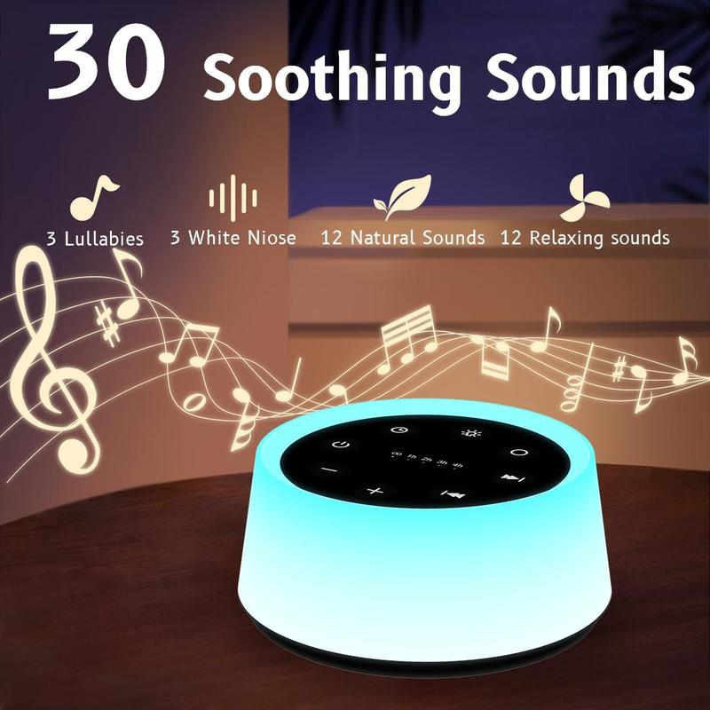 Sound Machine and White Noise Machine with 30 Soothing Sounds with 12 Colors  Night Light with Memory Function (Black)