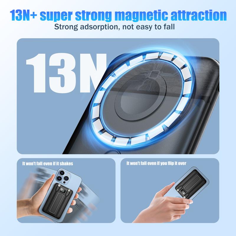 Magnetic PowerBank 10000mAh Portable Charger PD 20W Fast Charging, with USB C Lightning cable and stand Compatible with MagSafe iPhone series AppleWatch AirPods and Samsung Pixel Android Smartphone travel