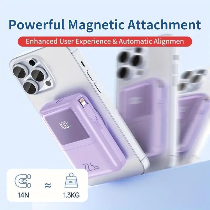 10000mAh Magnetic Wireless Power Bank, Portable Mini Charger with Built-in Cable, PD 20W Fast Charging Power Bank Compatible with iPhone & Android