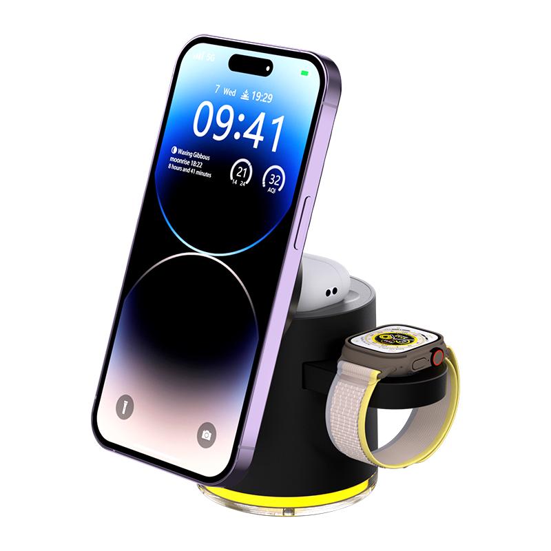 Vaiseke 3 in 1 Charging Station for iPhone, 3 in 1 charging station apple, Wireless Charging Stand for Apple Watch AirPods,Rotating & RGB Light Adjust, Wireless Charger for iPhone 16 15 14 13 12 Series