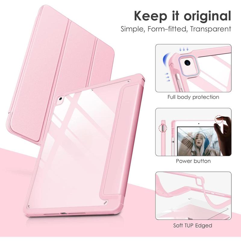 Pad 6th   5th Generation 9.7 inch Case (2018 2017), Pad Air 2 & 1 (2014 2013) Case, Clear Back, Smart Cover [Built-in Pencil Holder, Auto Sleep Wake] - Pink