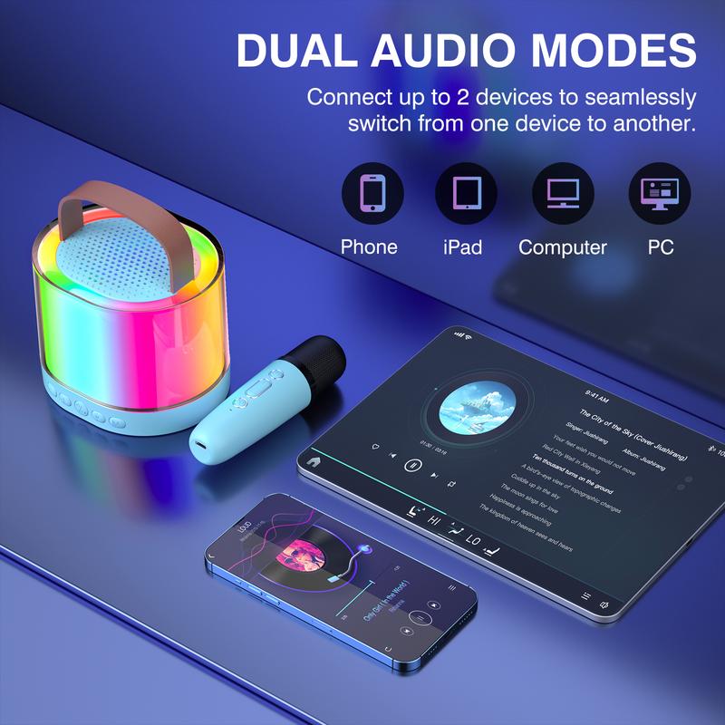 2024 New Style & Family Karaoke Magic  - Mini Bluetooth Karaoke Stereo, Dual Wireless Mics + Dazzling Colorful Lights, Adults and Kids love it, Perfect birthday gift for 4-12 years old boys and girls first choice Audio Smartphone