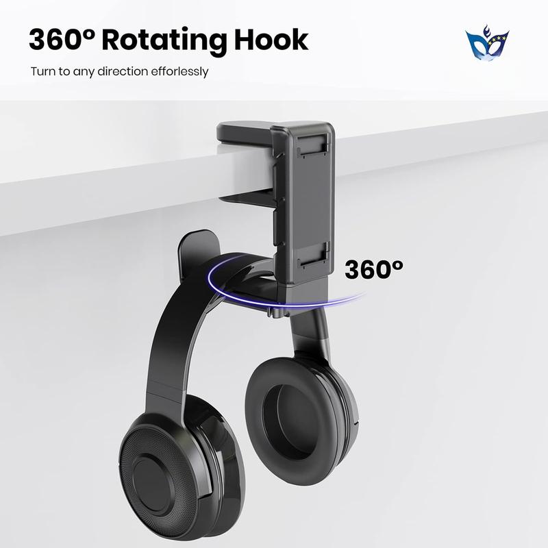 3-in-1 PC Gaming Headset&Controller Holder -  Headphone Stand w Adjustable Clamp&2 Controller Holder&Rotating Arm&Cable Organizer, Universal PC Gaming Accessory Controller Headset Stand-Black