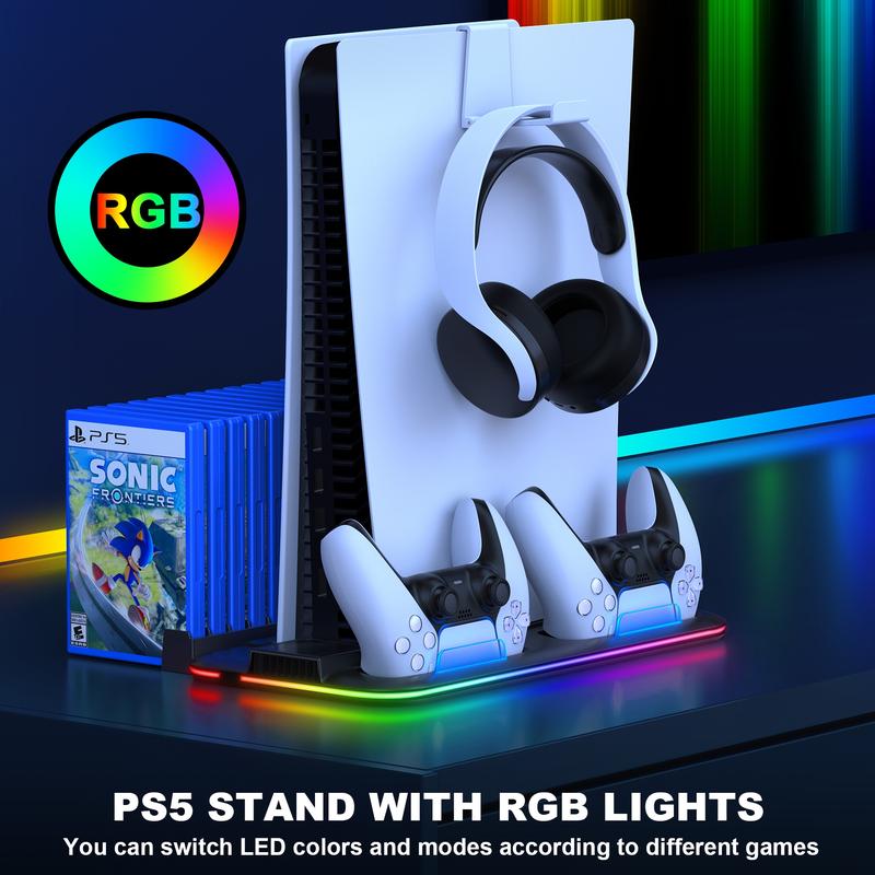 BEBONCOOL RGB PS5 Cooling Stand for PS5&PS5 Slim with Controller Charging Station, Headset Holder, and 15 Game Slots