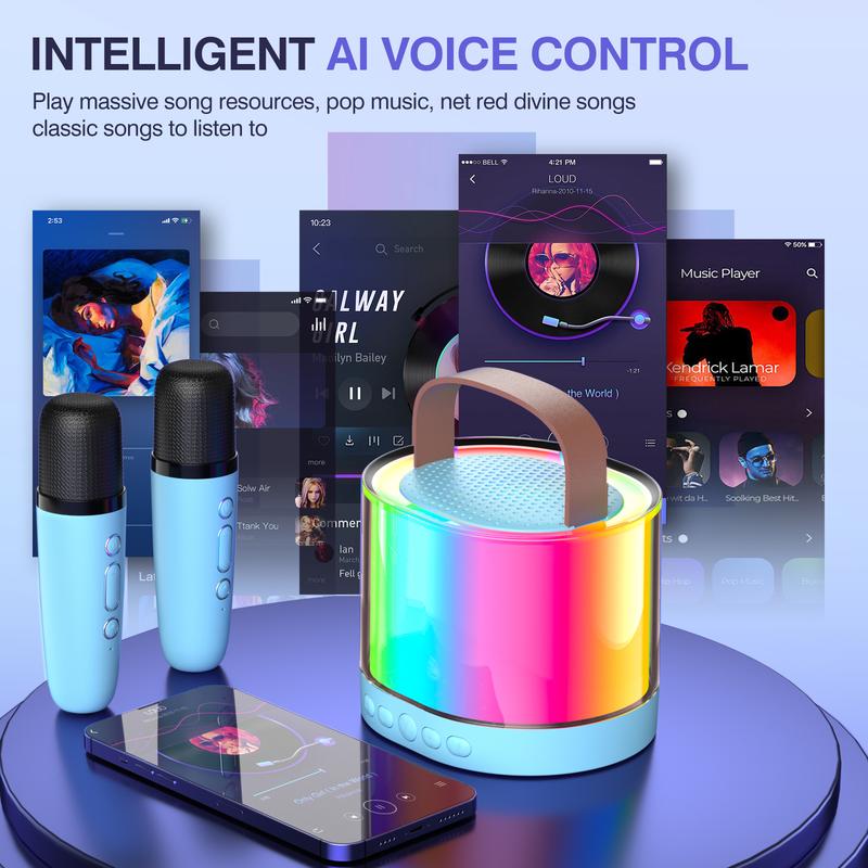 2024 New Style & Family Karaoke Magic  - Mini Bluetooth Karaoke Stereo, Dual Wireless Mics + Dazzling Colorful Lights, Adults and Kids love it, Perfect birthday gift for 4-12 years old boys and girls first choice Audio Smartphone