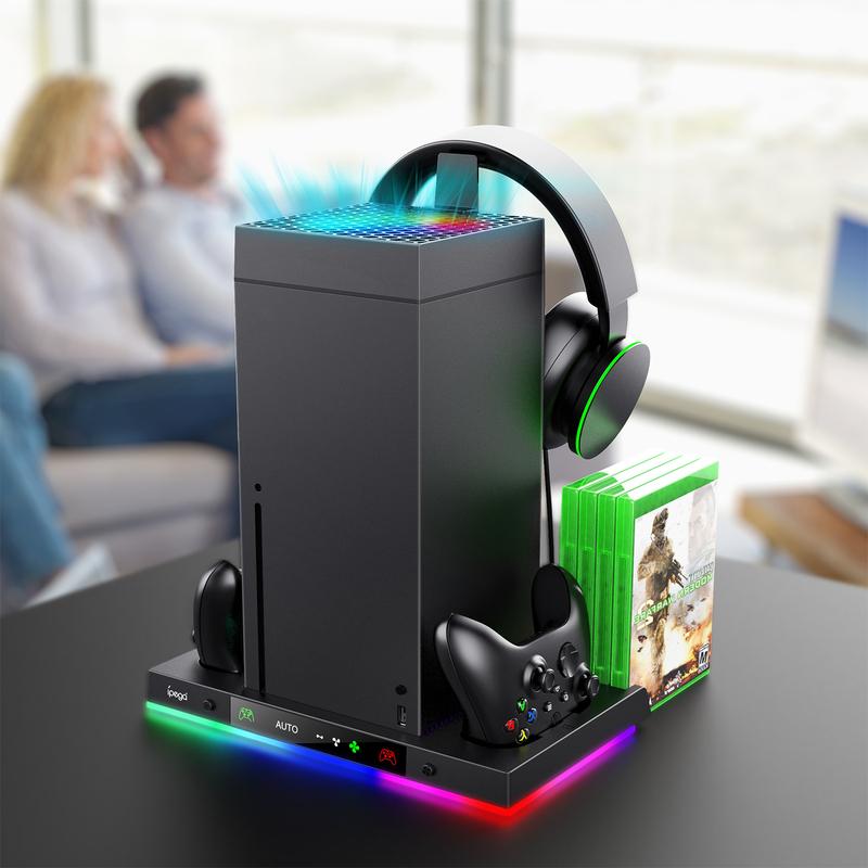 Wiilkac Charging Stand with AI Smart Cooling Fan Accessories for Xbox Series X Console-Vertical Controller Charging Station & Cooler System with 15 RGB Light Modes, 8 Game Card Slot for Xbox Series X Accessories Storage