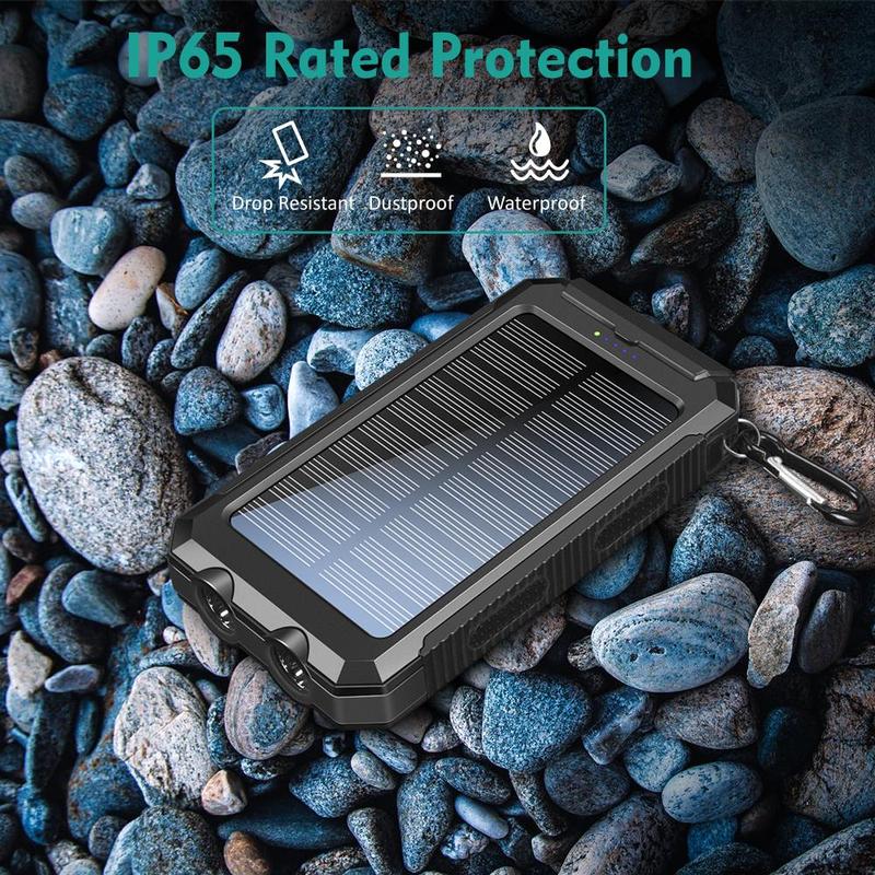 Solar Powered Power Bank, 10000mAh Portable Charger with Compass & LED Flashlight, Water & Dust Resistant External Battery Pack for Multiple Devices