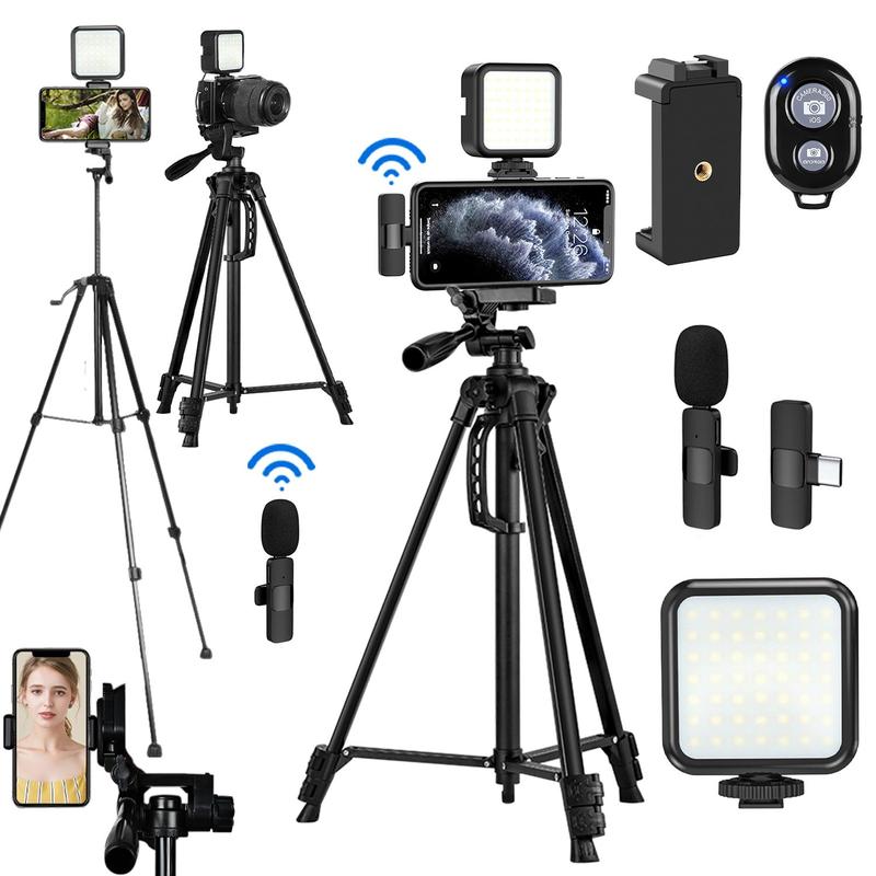 Portable Vlog Video Recording Kit, Phone & Camera Retractable Tripod with LED Fill Light & Wireless Microphone & Phone Holder, Professional Video Recording Tool Kit for Live Streaming, Vlogging Kit, Camera Stand, Videography Equipment