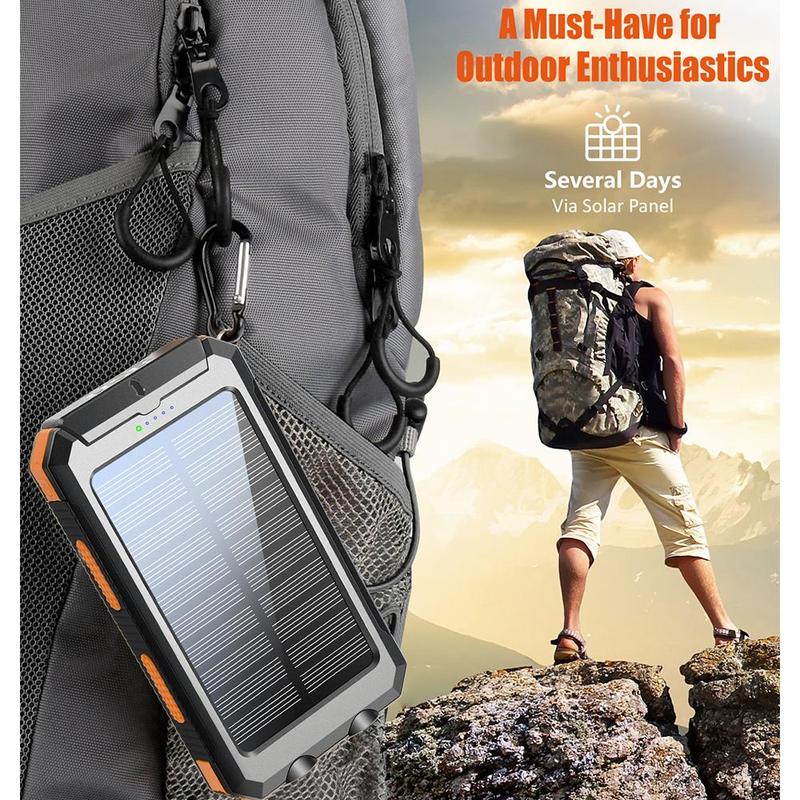 Solar Powered Power Bank, 10000mAh Portable Charger with Compass & LED Flashlight, Water & Dust Resistant External Battery Pack for Multiple Devices