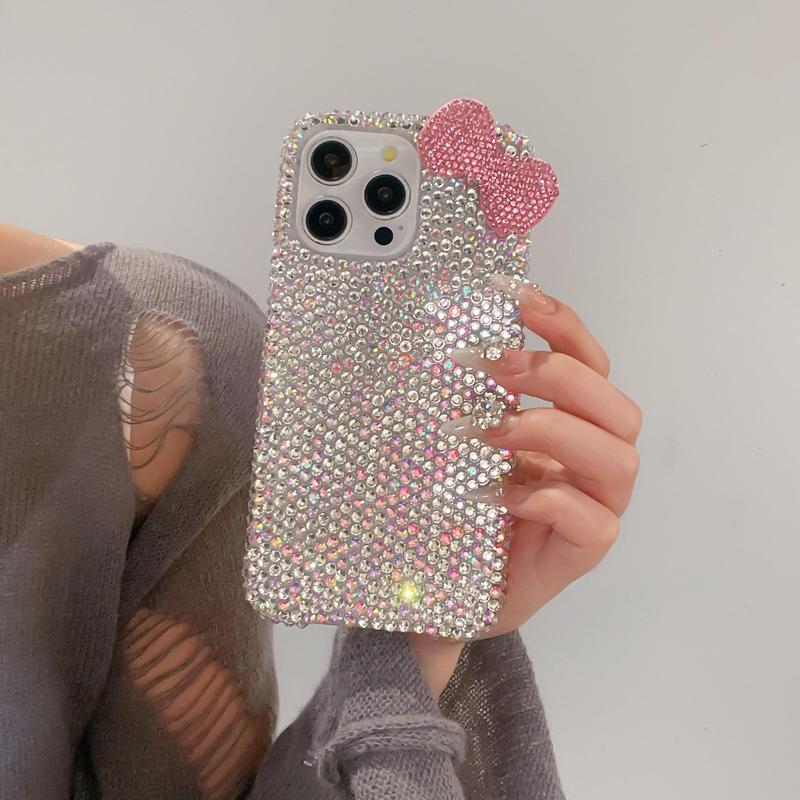 Rhinestone Bow Decor Phone Case, Cute Phone Cover, Fashion Phone Accessories Compatible with iPhone 15 14 13 12 11 Pro Max