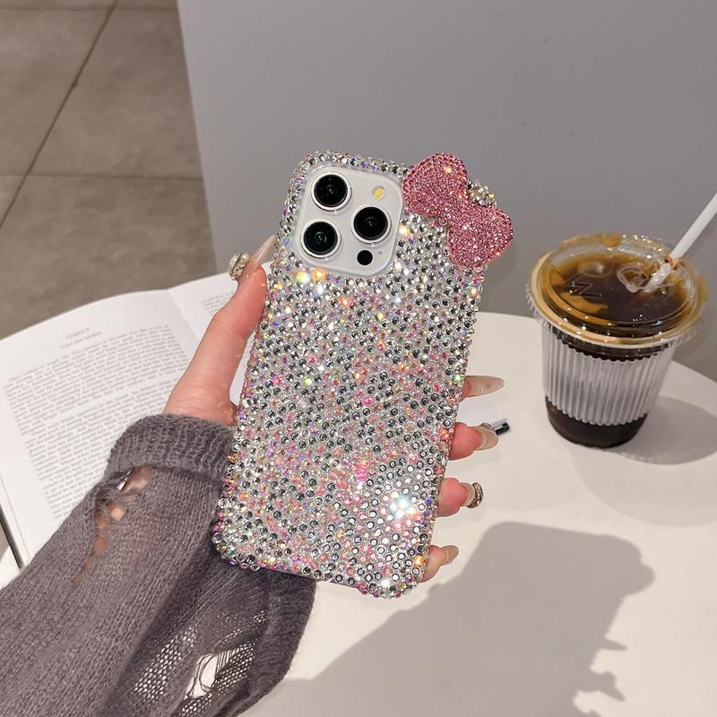 Rhinestone Bow Decor Phone Case, Cute Phone Cover, Fashion Phone Accessories Compatible with iPhone 15 14 13 12 11 Pro Max