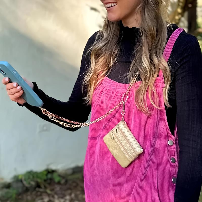 Clip and Go Phone Strap with Zipper Pouch - Hands-Free Carrying - Stylish Crossbody Adjustable Chain Lanyard with Faux Leather  Smartphone Cellphone