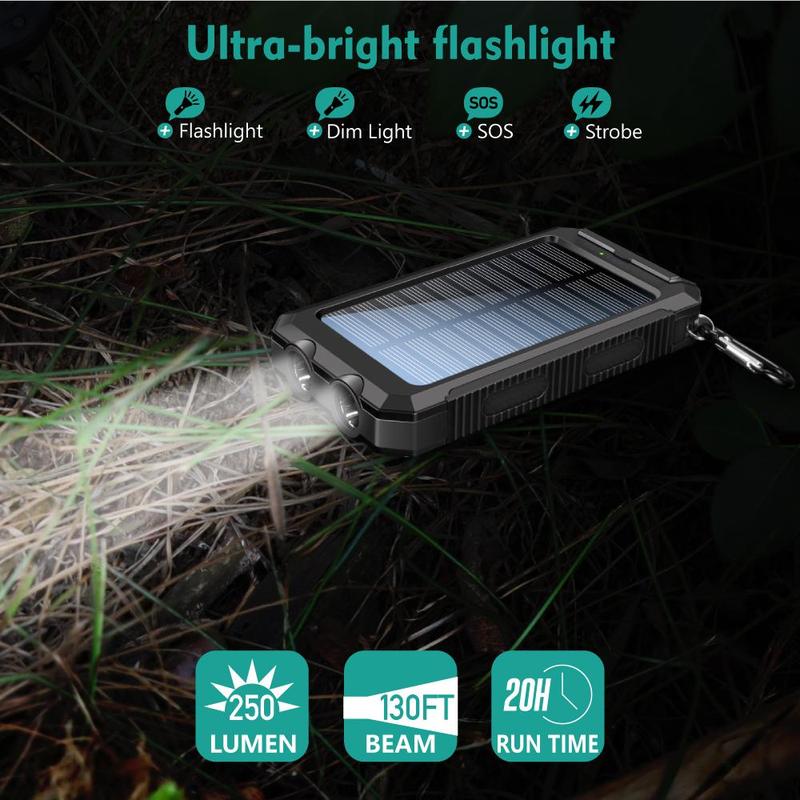 Solar Powered Power Bank, 10000mAh Portable Charger with Compass & LED Flashlight, Water & Dust Resistant External Battery Pack for Multiple Devices