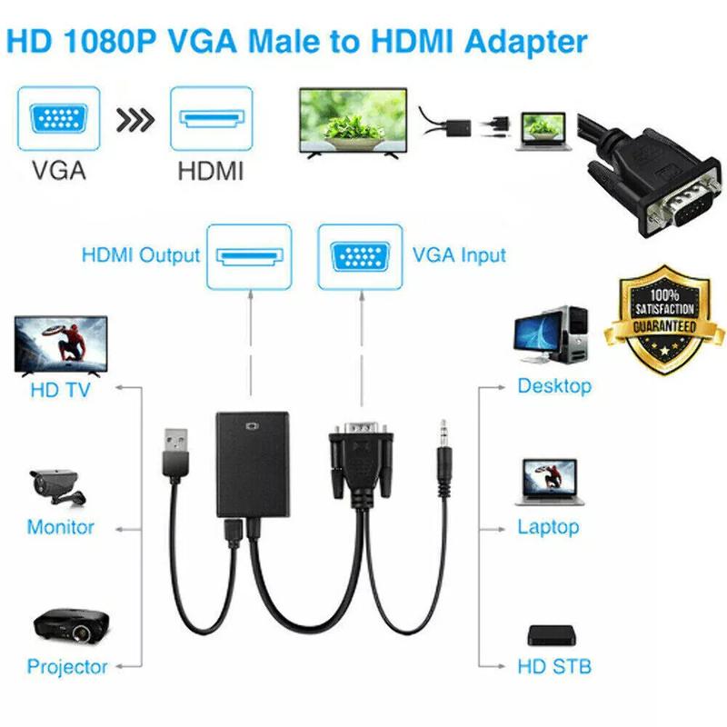 VGA To HDMI Converter 1080P HD Adapter With Audio Cable For HDTV PC Laptop TV