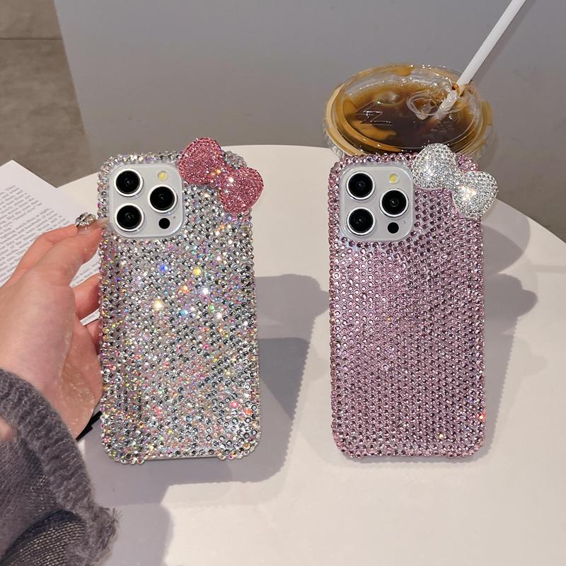 Rhinestone Bow Decor Phone Case, Cute Phone Cover, Fashion Phone Accessories Compatible with iPhone 15 14 13 12 11 Pro Max